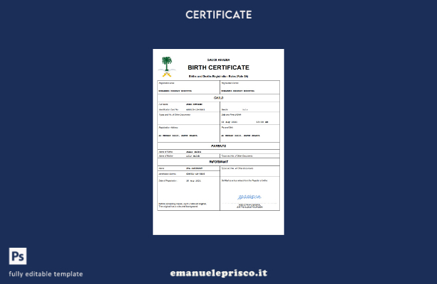 certificato di nascita dell'Arabia Saudita in stile verificato modello Word e PD